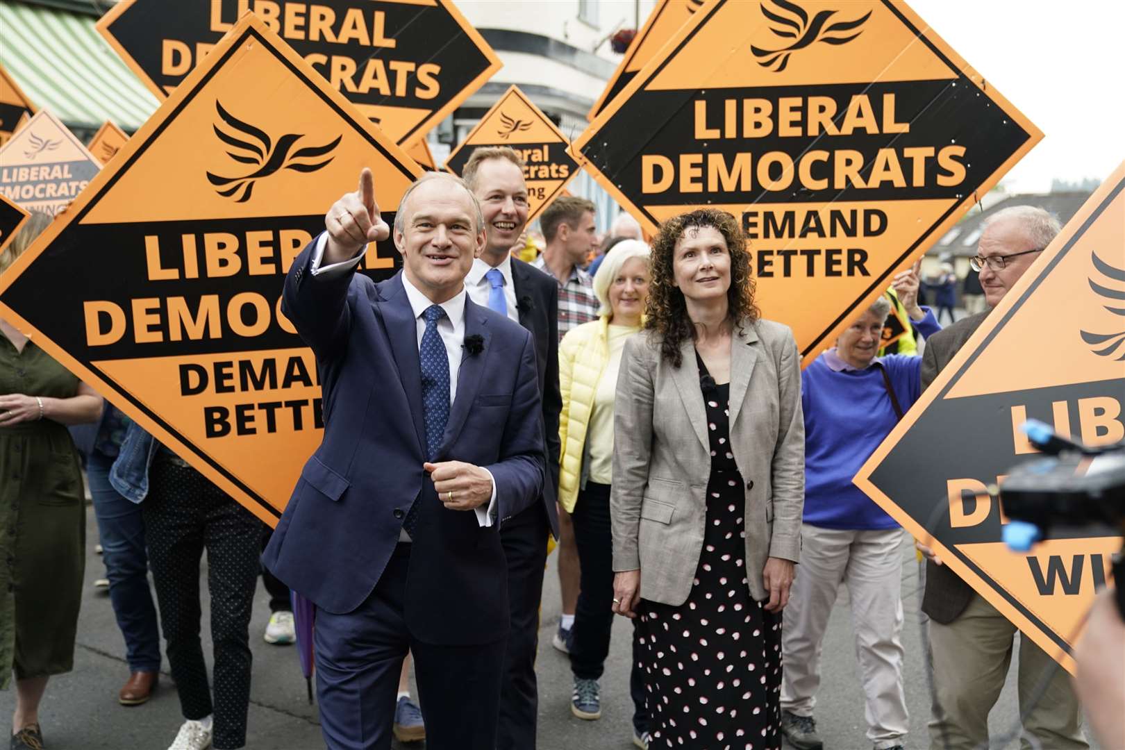 Liberal Democrat Leader Sir Ed Davey (left) and party chief whip Wendy Chamberlain walk with Richard Foord, in Tiverton town centre, after he was elected MP for Tiverton and Honiton in the by-election (Andrew Matthews/PA)