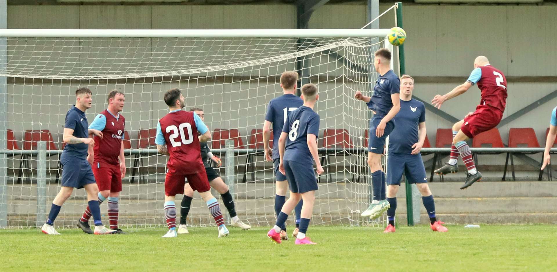 Sean Munro scores Pentland United's opener against High Ormlie Hotspur with a powerful header. Picture: James Gunn