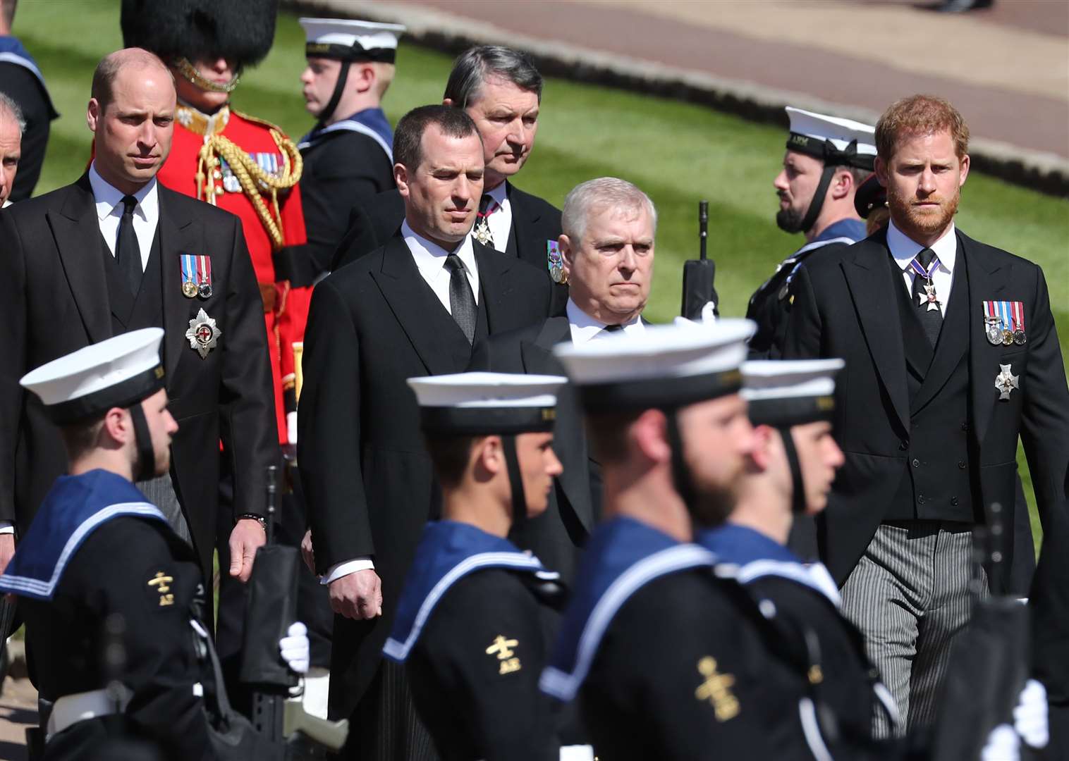(left to right) The Duke of Cambridge, Peter Phillips, Vice Admiral Sir Timothy Laurence, the Duke of York and the Duke of Sussex, follow the coffin of the Duke of Edinburgh (Gareth Fuller/PA)