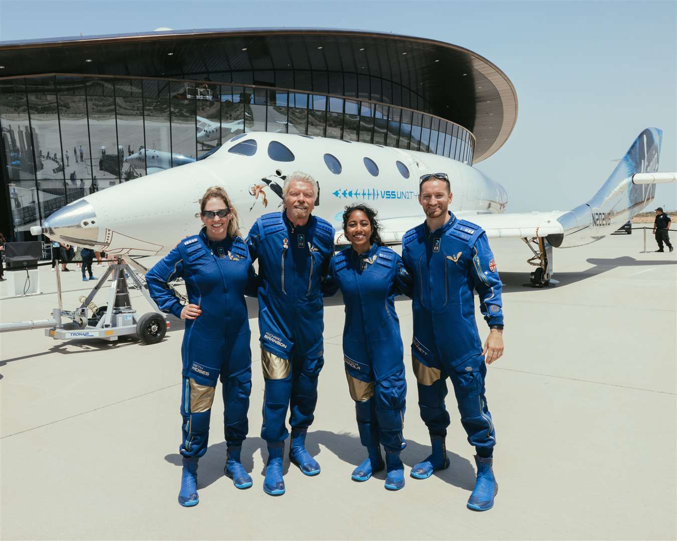 Unity 22 mission specialists (from left) Beth Moses, chief astronaut instructor; Sir Richard Branson, Virgin Galactic founder; Sirisha Bandla, vice president of government affairs and research operations; and Colin Bennet, lead operations engineer.