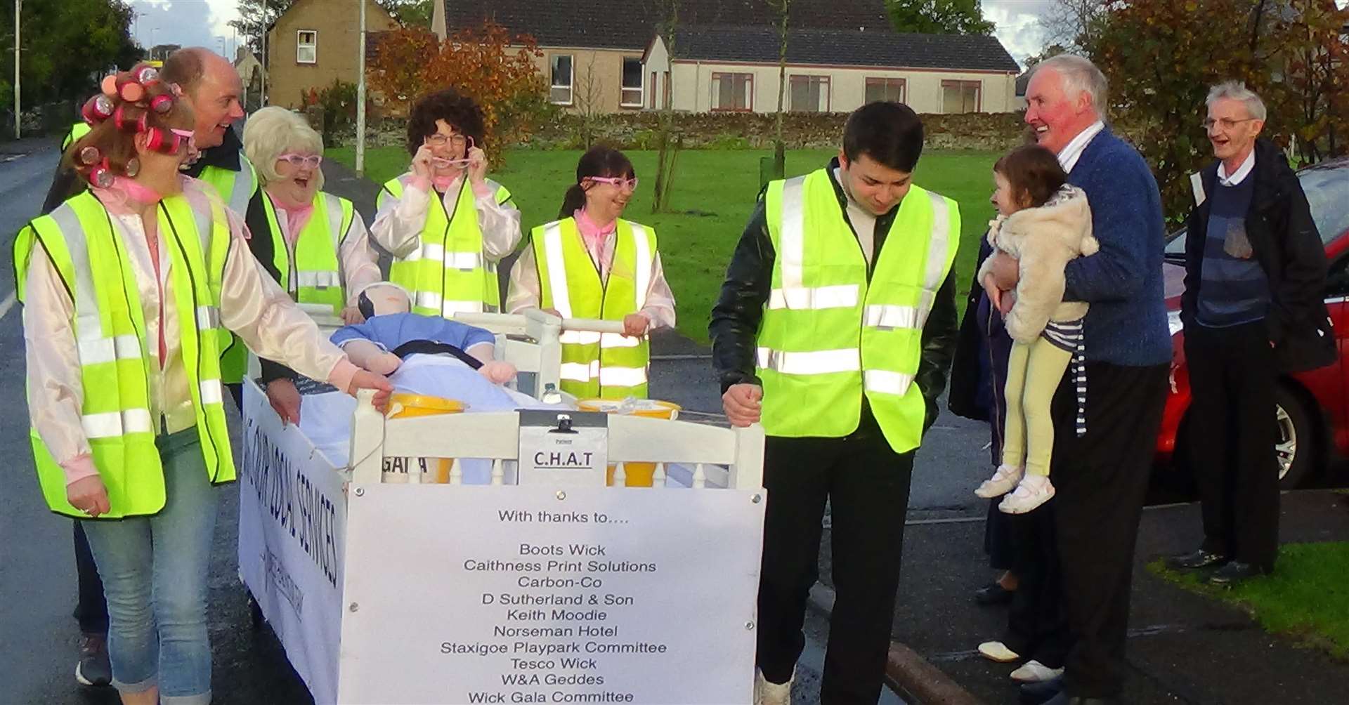 Andrew Mackay (left) with members of the Castletown Hotel team taking part in the bedpush relay in Castletown. Photo: Will Clark