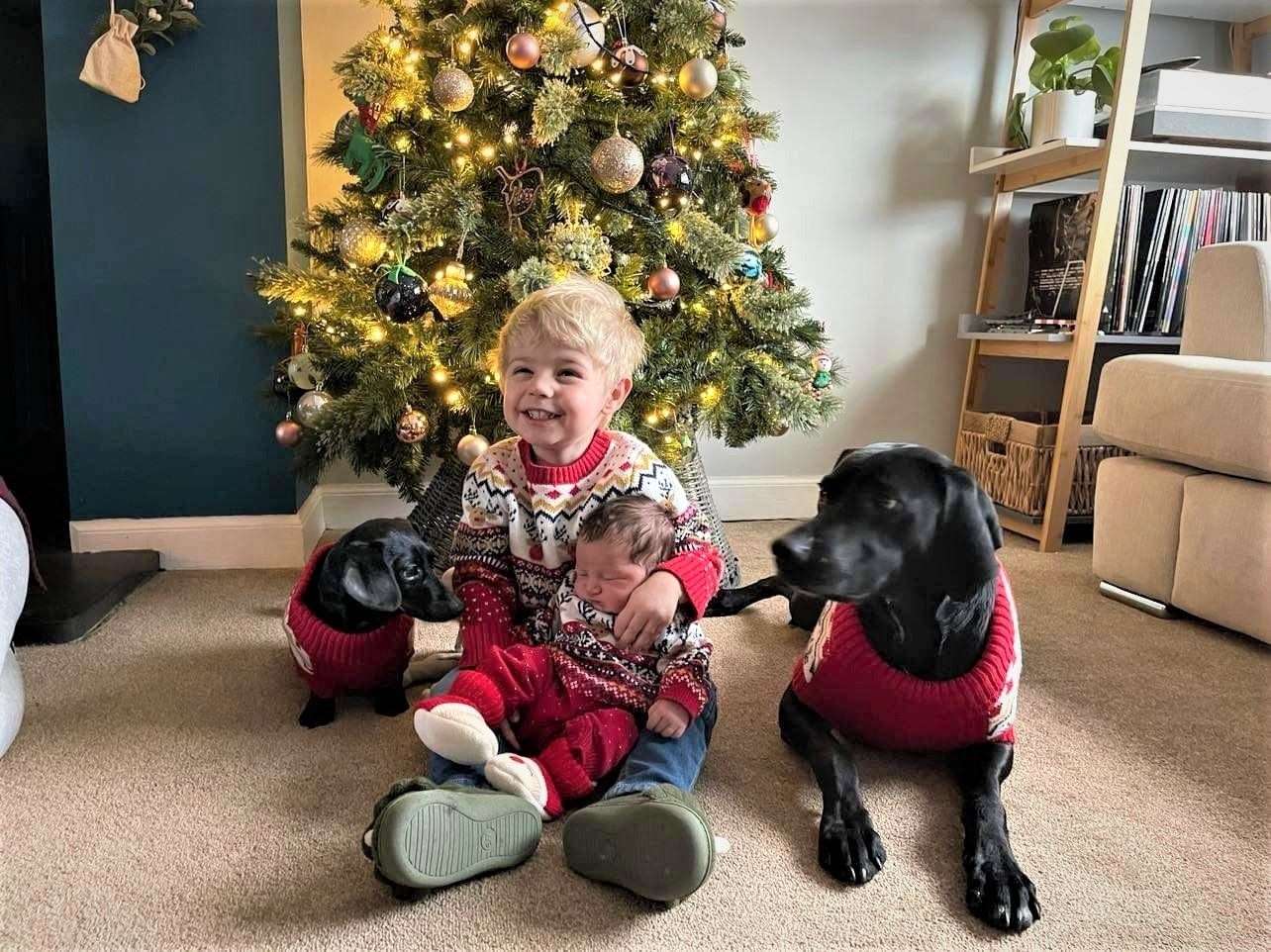 William enjoying Christmas with baby sister Pippa and the family pets – Norman, the dachshund and Nova the pointer.