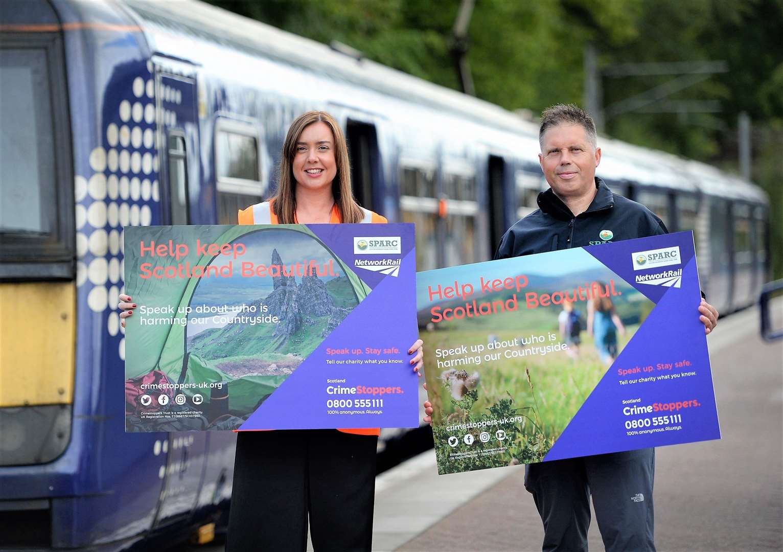 From left, Monica McGinley, from Network Rail and Inspector Alan Dron, from SPARC (Scottish Partnership Against Rural Crime) in Balloch, West Dunbartonshire, Scotland, to launch a campaign urging Scots to speak up about those harming our treasured countryside.