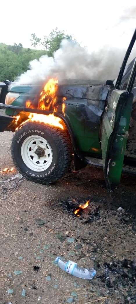 The vehicle in which a British man, his South African wife, and their Ugandan guide were driving through Queen Elizabeth National Park on Tuesday (Uganda Police Force/PA)