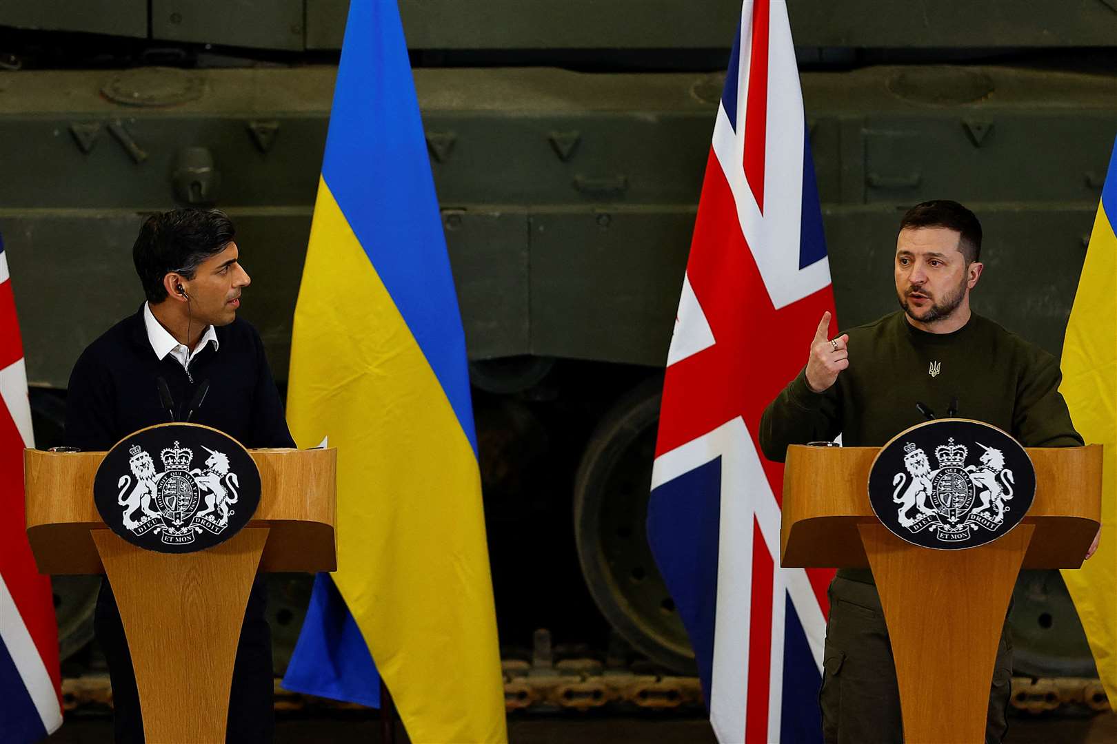 Prime Minister Rishi Sunak (left) and Ukrainian President Volodymyr Zelensky discussed allied discussions on Typhoons at a press conference in Dorset (Peter Nicholls/PA)