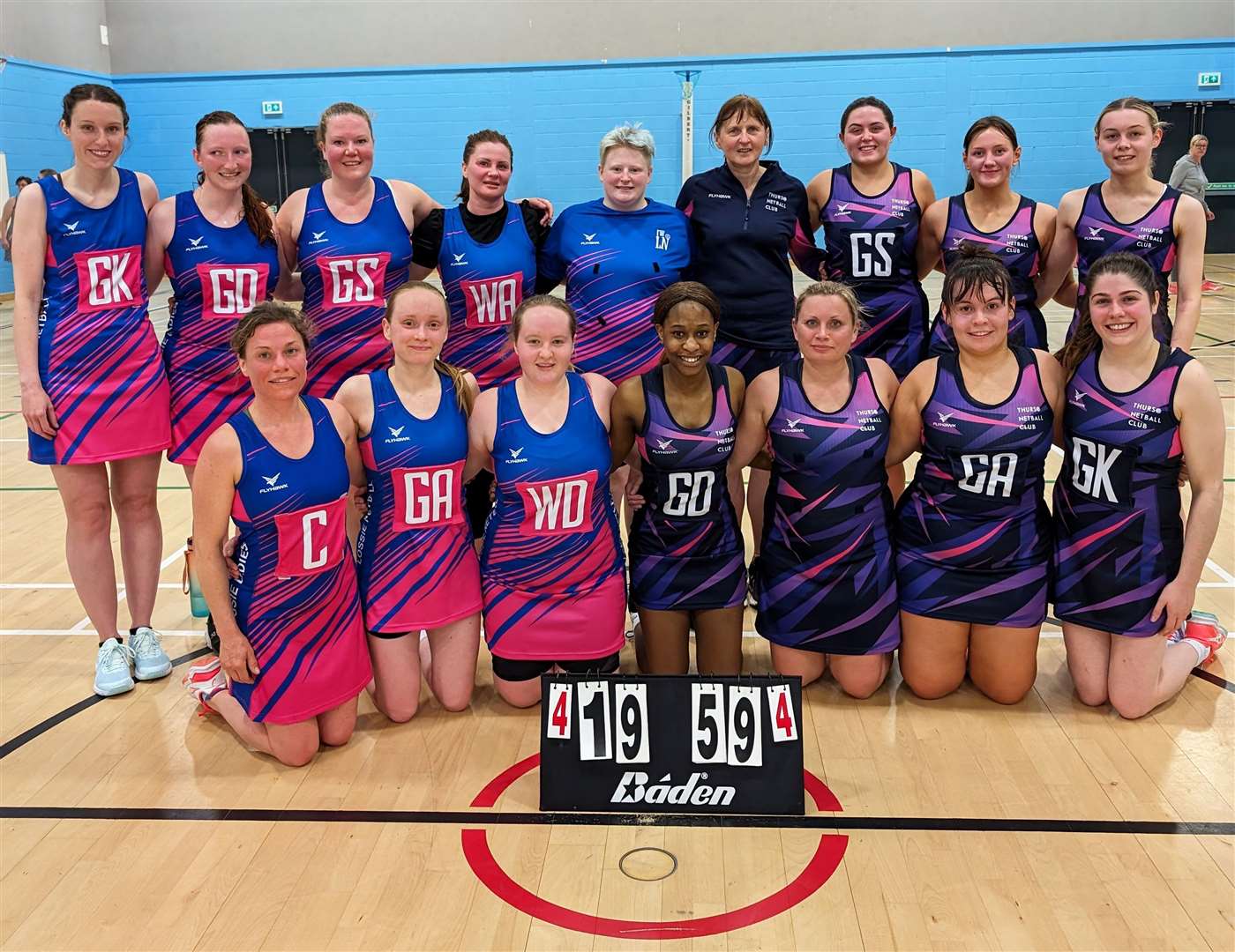 Thurso Netball Club (on the right) with their beaten opponents from Lossie North.