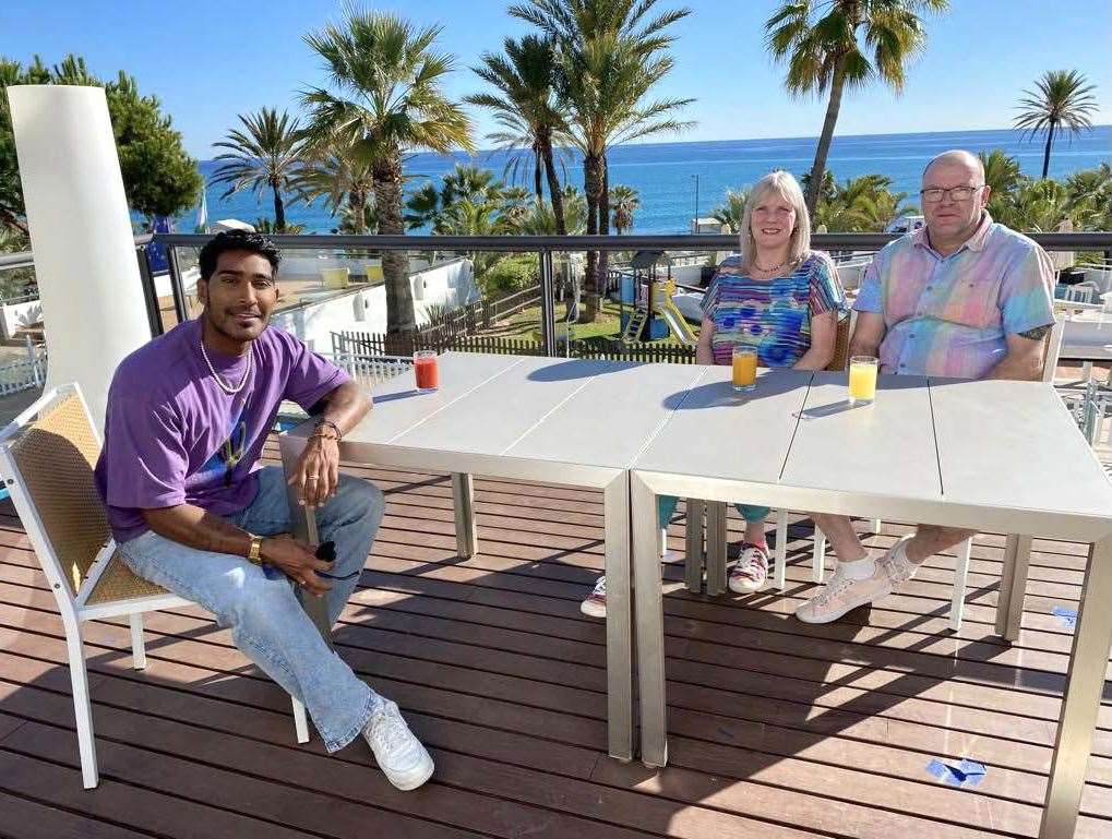 Brian and Lorna Cormack with property expert Lee Juggurnauth during filming for A Place in the Sun on Spain’s Almeria coast. Picture: Freeform Productions / Channel 4