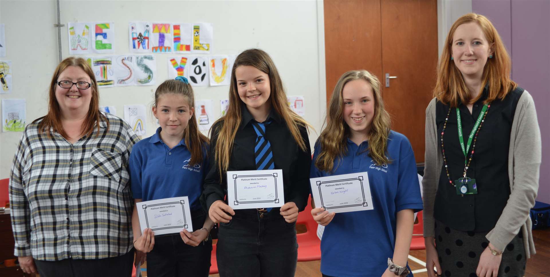 Amanda Moseley, DHT, Eilidh Sutherland, Rhianna Mackay and Kortoni Wright and PT (management) Alison Dow. Eillidh, Rhianna and Kortoni each gained platinum awards, the top grade in the FHS merits system.