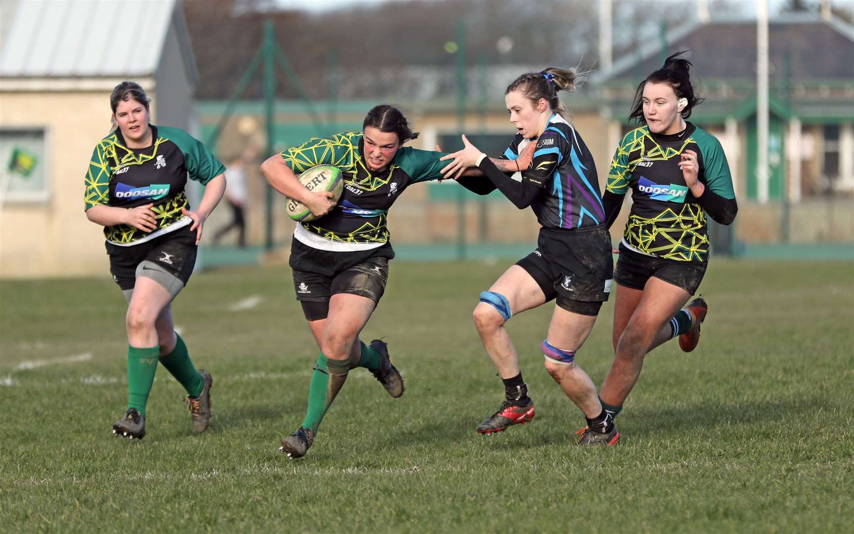 Emmie Smith brushes off a tackle during the Krakens' recent 96-12 victory over Fraserburgh. Picture: James Gunn