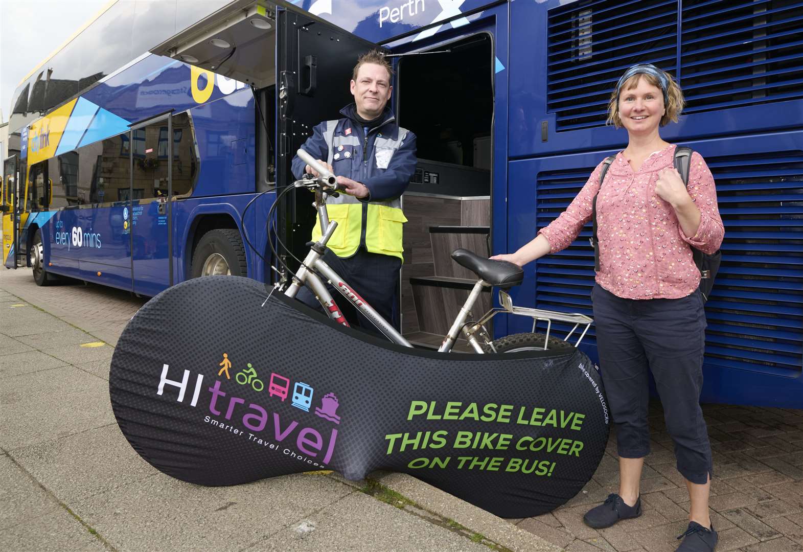 Hitrans active travel officer Vikki Trelfer with Richard Henderson, Stagecoach's assistant operations manager for Inverness Aviemore and Tain.