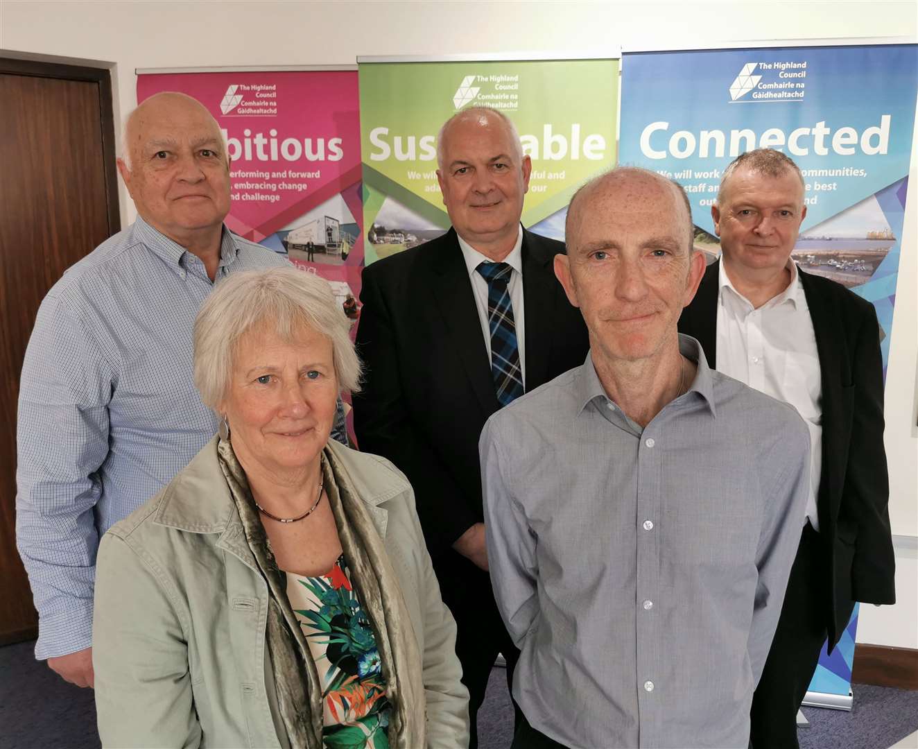 Poverty and Equality Commission Chairs (front): Maggie Cunningham and Jim McCormick, back left to right: Cllrs Bill Lobban, Raymond Bremner and Alasdair Christie.