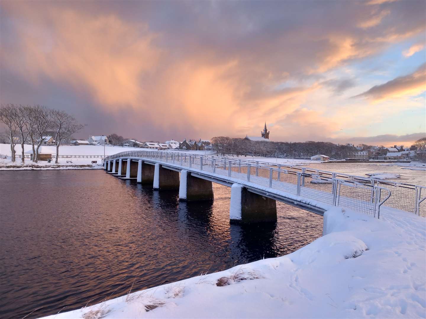 Derek Bremner sent this photo of the snow at Wick Riverside, looking over the Coghill Bridge.