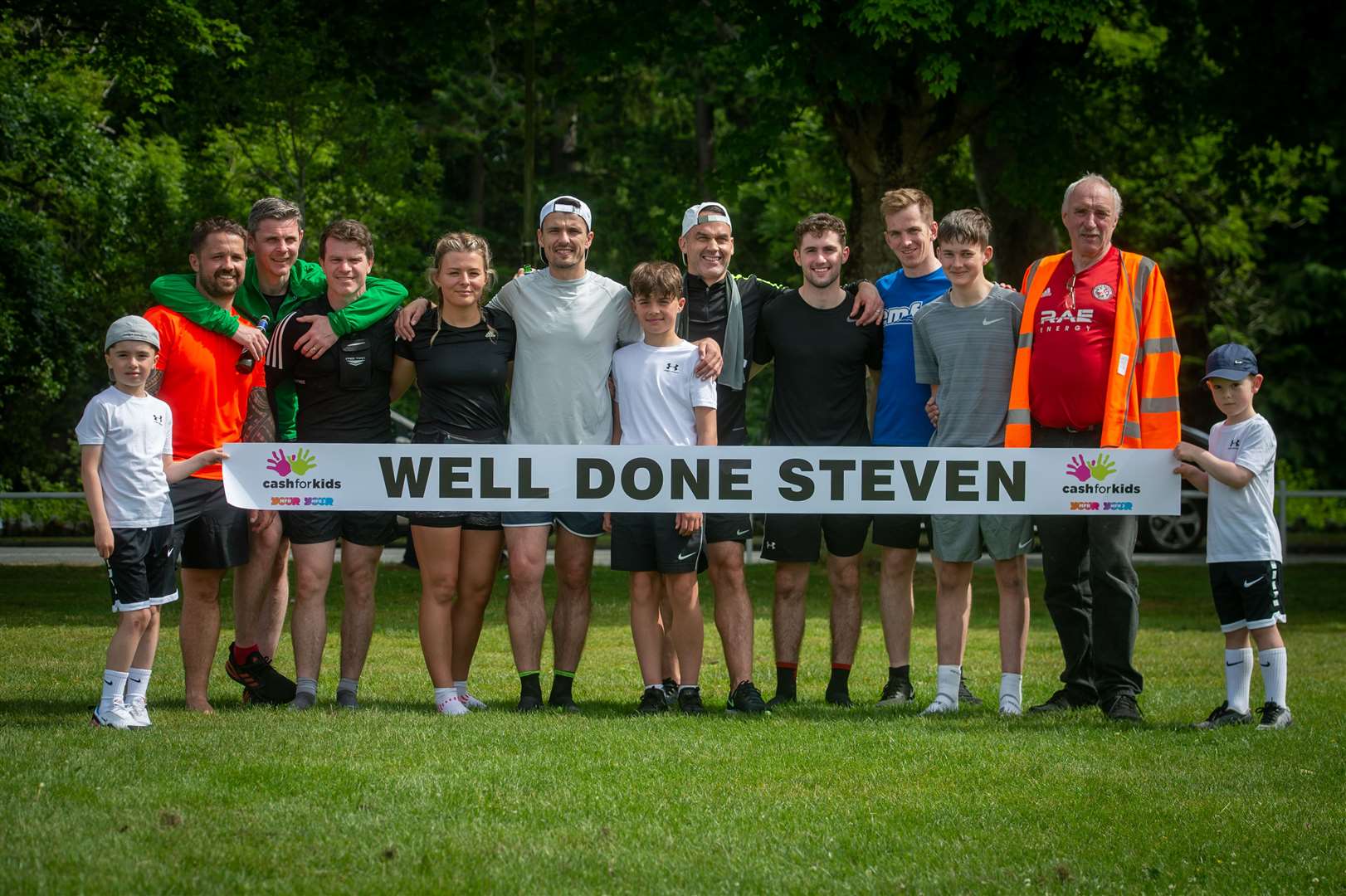 Steven Mackay with some of those who supported him in the quadruple marathon fundraiser at the weekend. Picture: Callum Mackay