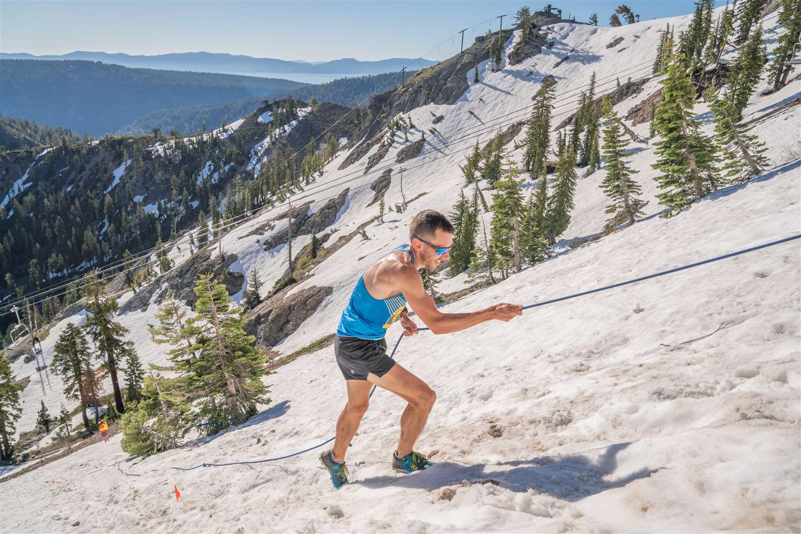 Halkirk's Andrew Douglas uses the ropes to get up the snowy conditions in round two of the Mountain Running World Cup series in California. USA. Picture: Broken Arrow Skyrace/Myke Hermsmeyer.