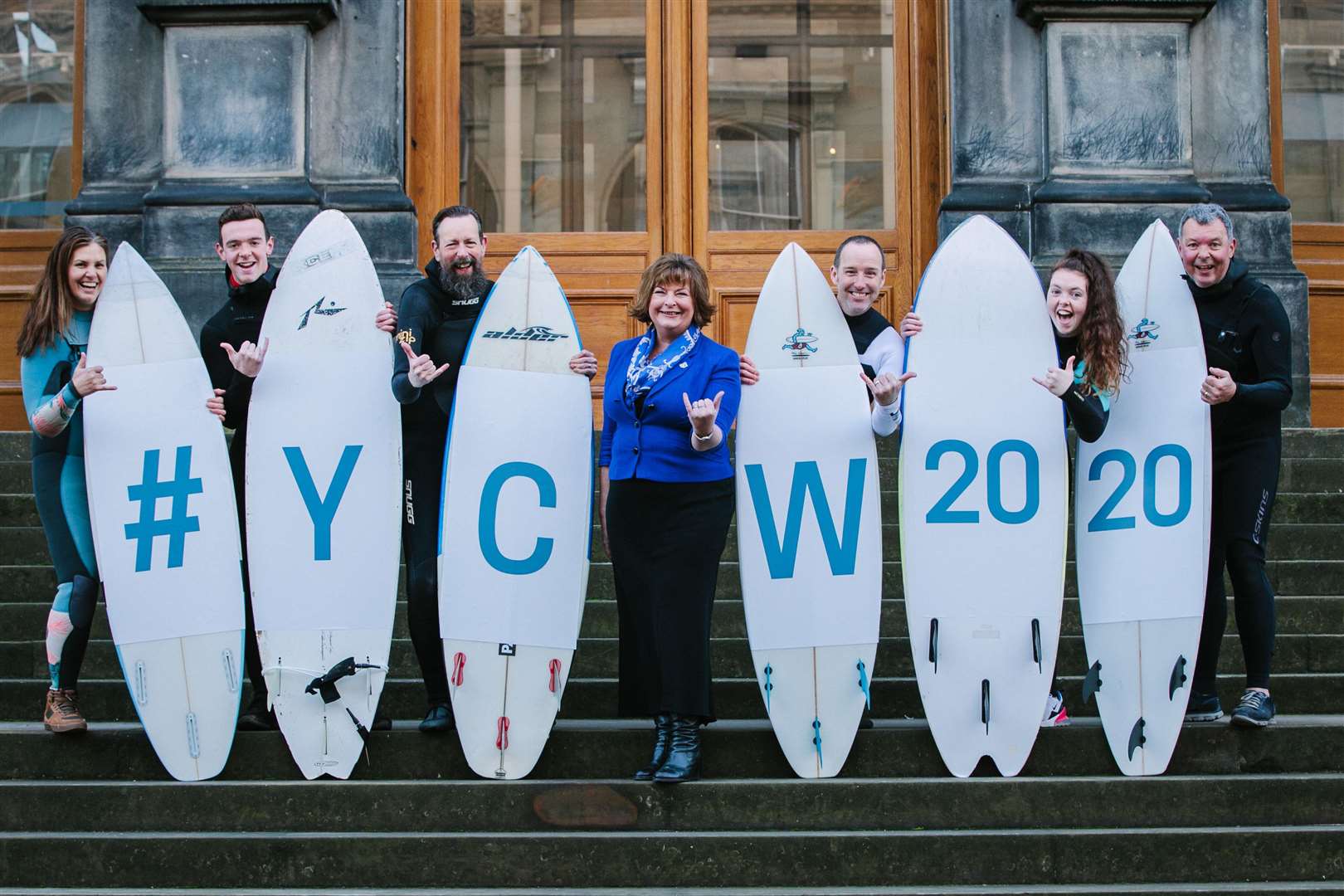 Fiona Hyslop joins a group of surfers to promote Scotland’s Year of Coasts and Waters 2020.