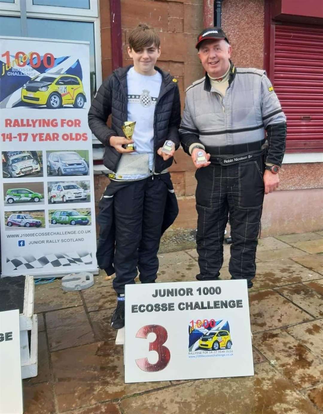 Jack Ryan and navigator Robin Nicolson after finishing third overall in the latest Junior 1000 Ecosse Challenge event.