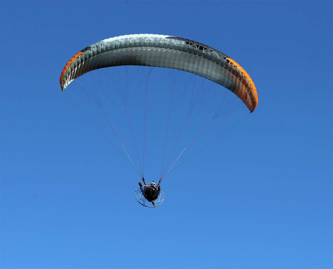 The powered paraglider floating through a clear blue sky. Picture: James Gunn