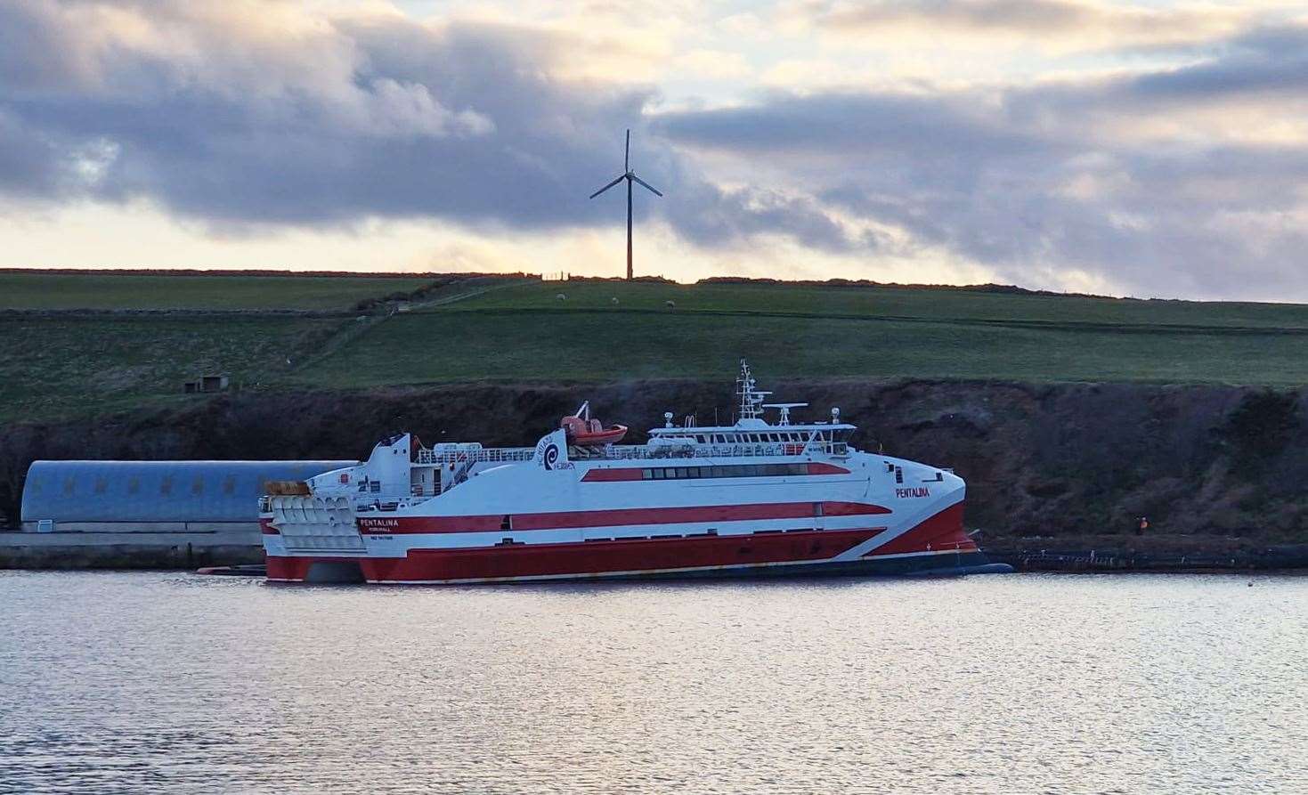 Pentland Ferries' vessel Pentalina after running aground close to St Margaret's Hope. Picture: RNLI