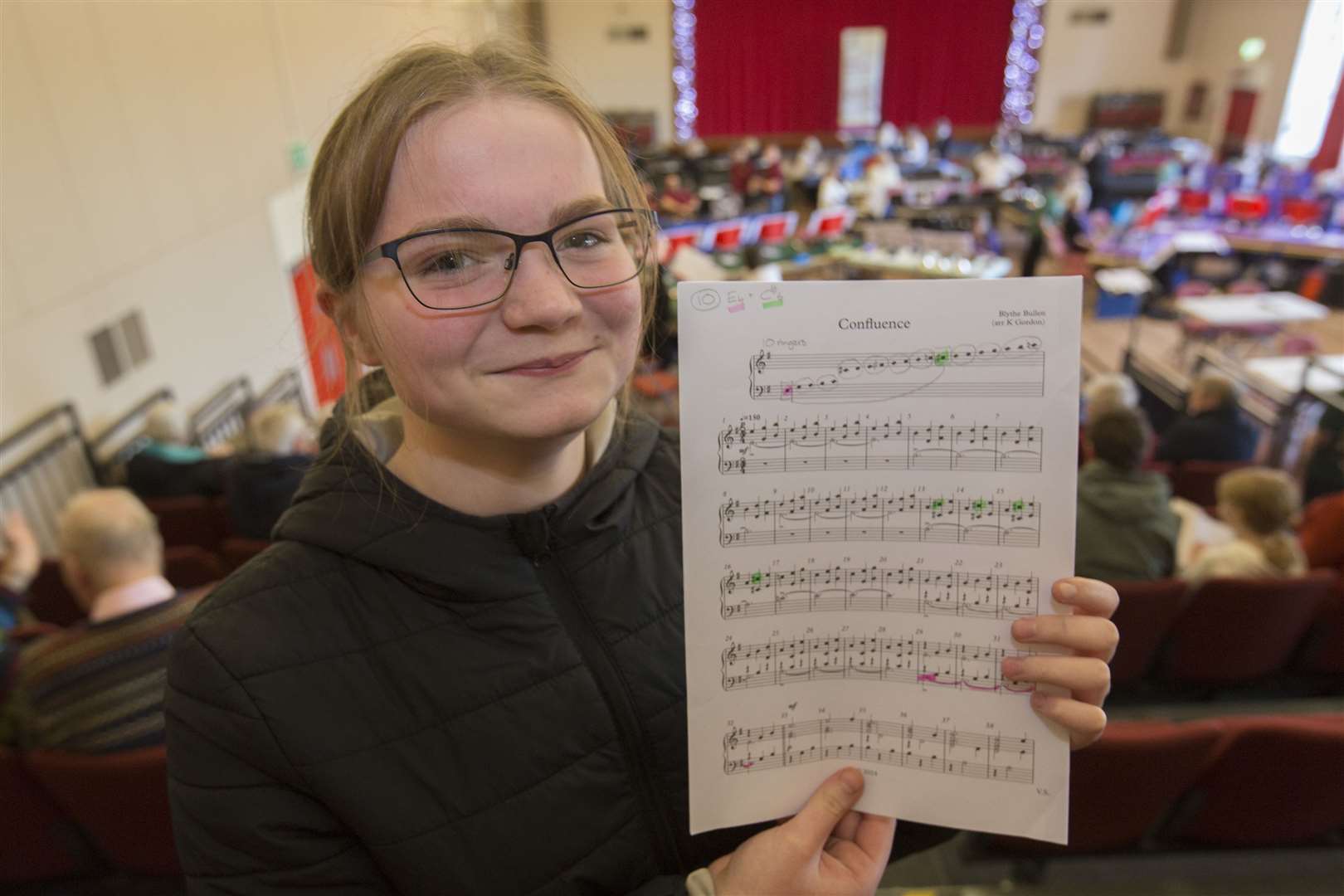 Wick High School pupil Blythe Bullen with her work Confluence, which was receiving its first public performance. Picture: Robert MacDonald / Northern Studios