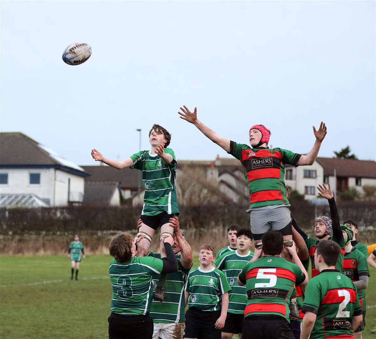 Alexander Douglas competes in the lineout for Caithness U16s. Picture: James Gunn