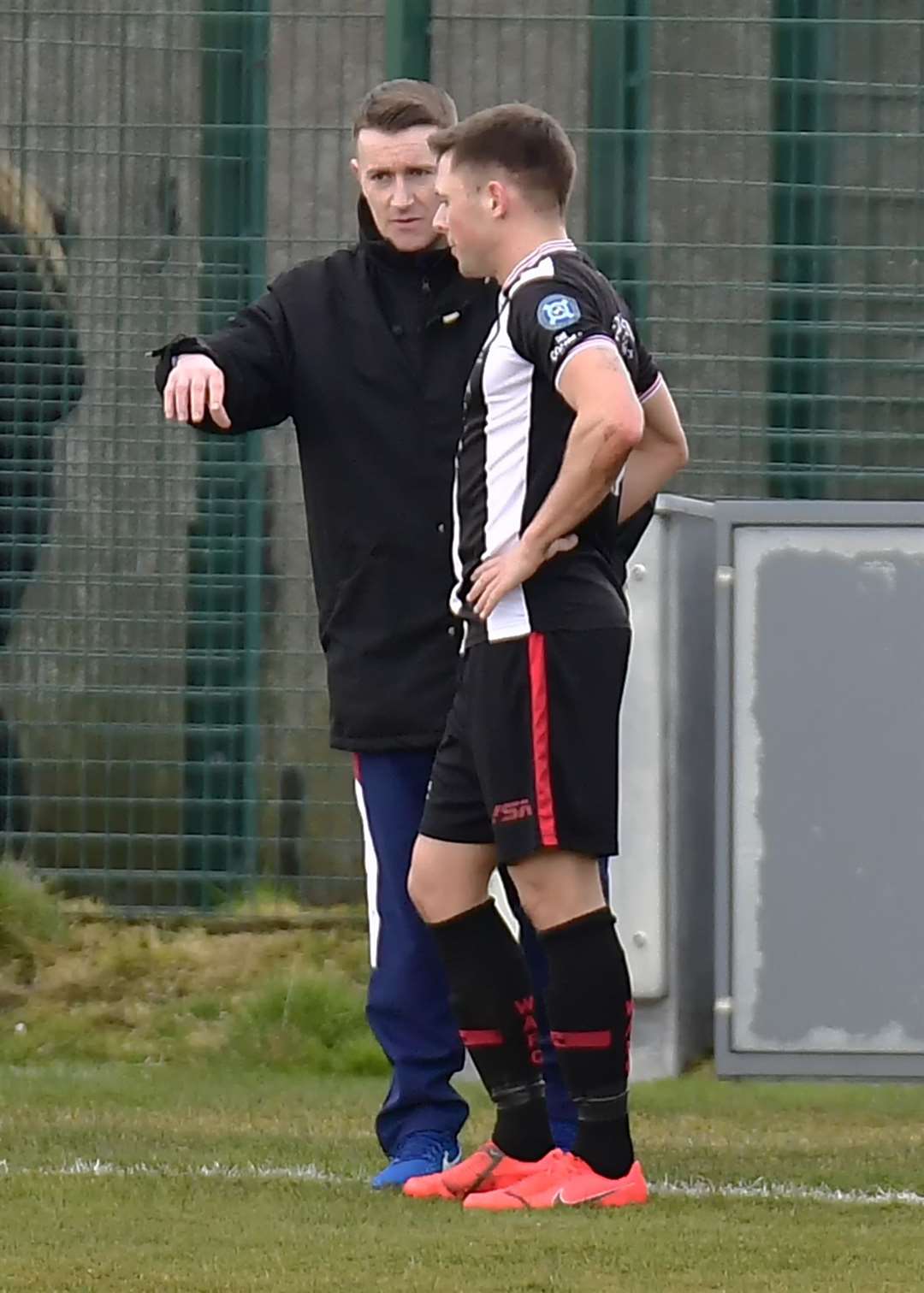 Gary Manson, in his first game as Wick Academy manager, giving instructions to Jack Henry at Brora's Dudgeon Park in March 2020. Picture: Mel Roger