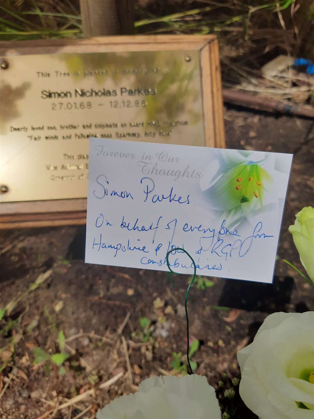Flowers left by officers from Hampshire Constabulary at the memorial for missing Royal Navy Rating Simon Parkes (Hampshire Constabulary/PA Wire)