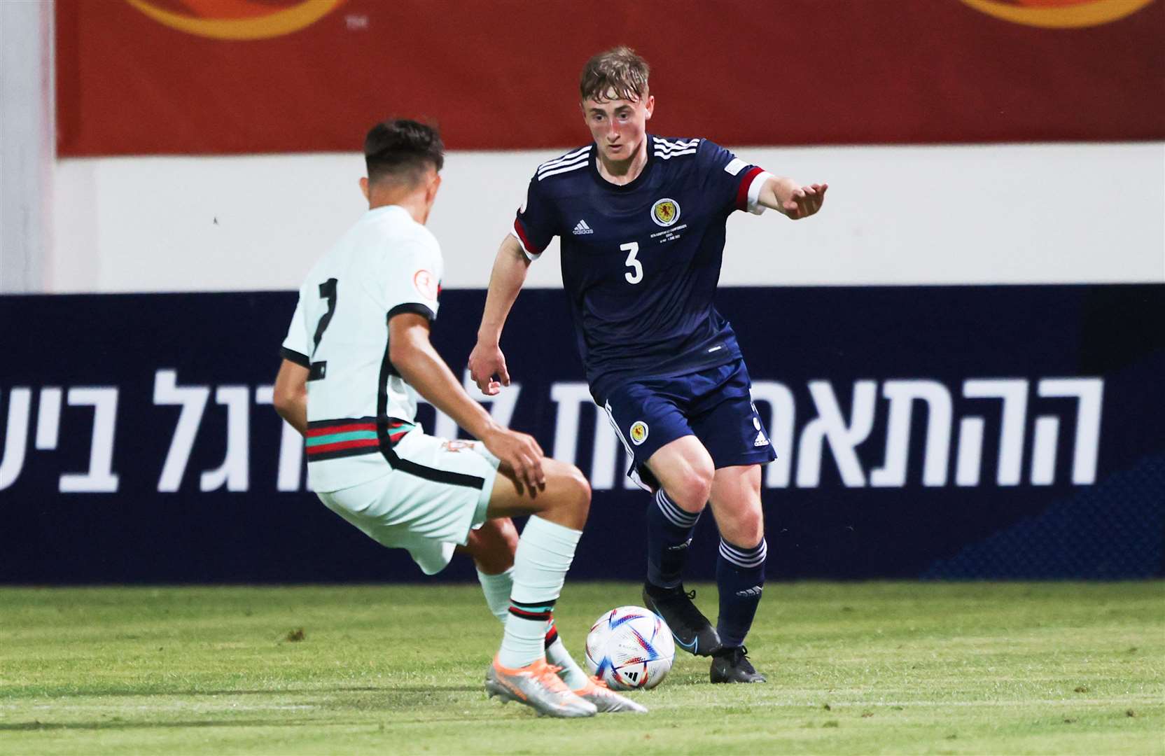 Magnus Mackenzie on the ball for Scotland against Portugal on Tuesday night in the UEFA Under-17 Championship finals. Picture: Scottish FA