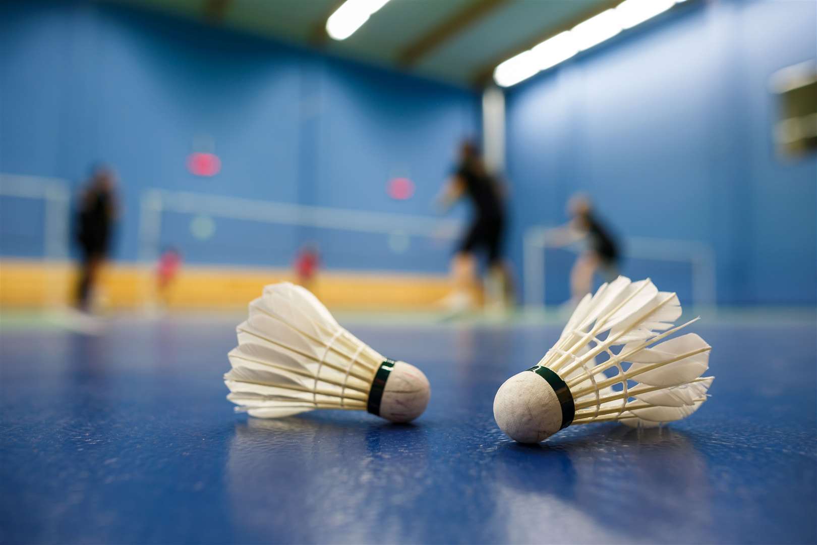 badminton courts with players competing; shuttlecocks in the foreground (shallow DOF; color toned image).