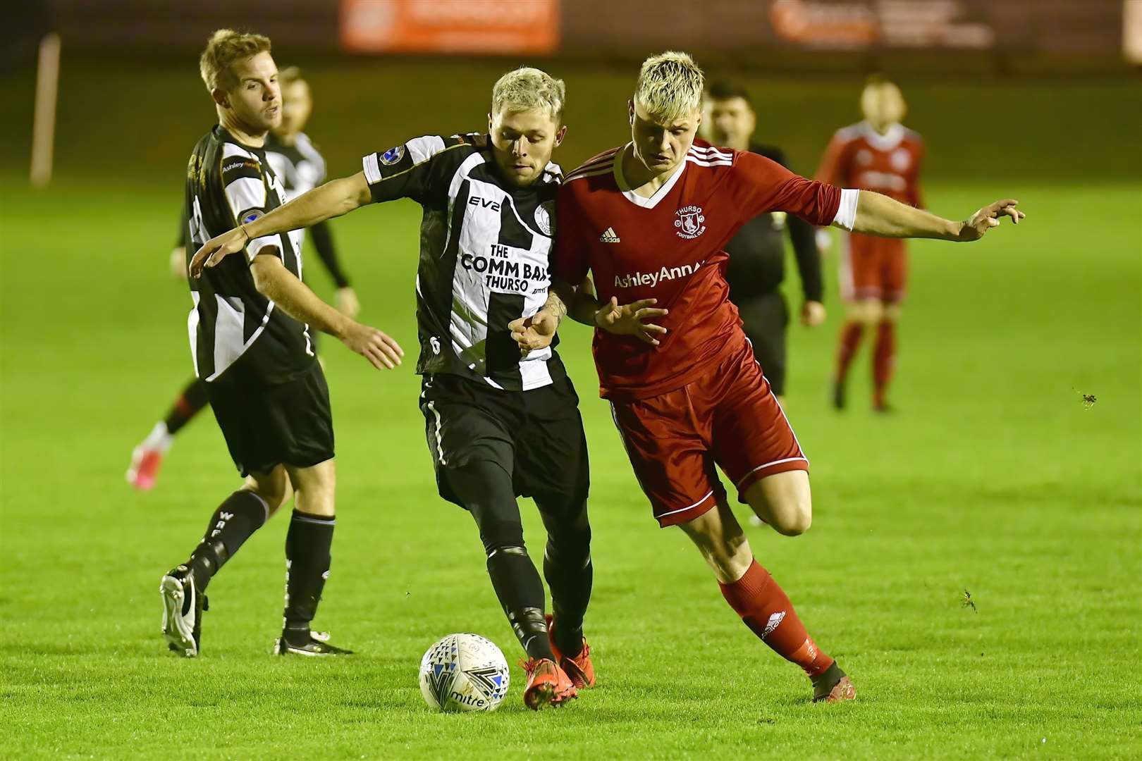 Wick Academy's Jack Henry and Thurso's Kuba Koziol during the midweek friendly at Harmsworth Park which the Scorries won 6-0. Picture: Mel Roger