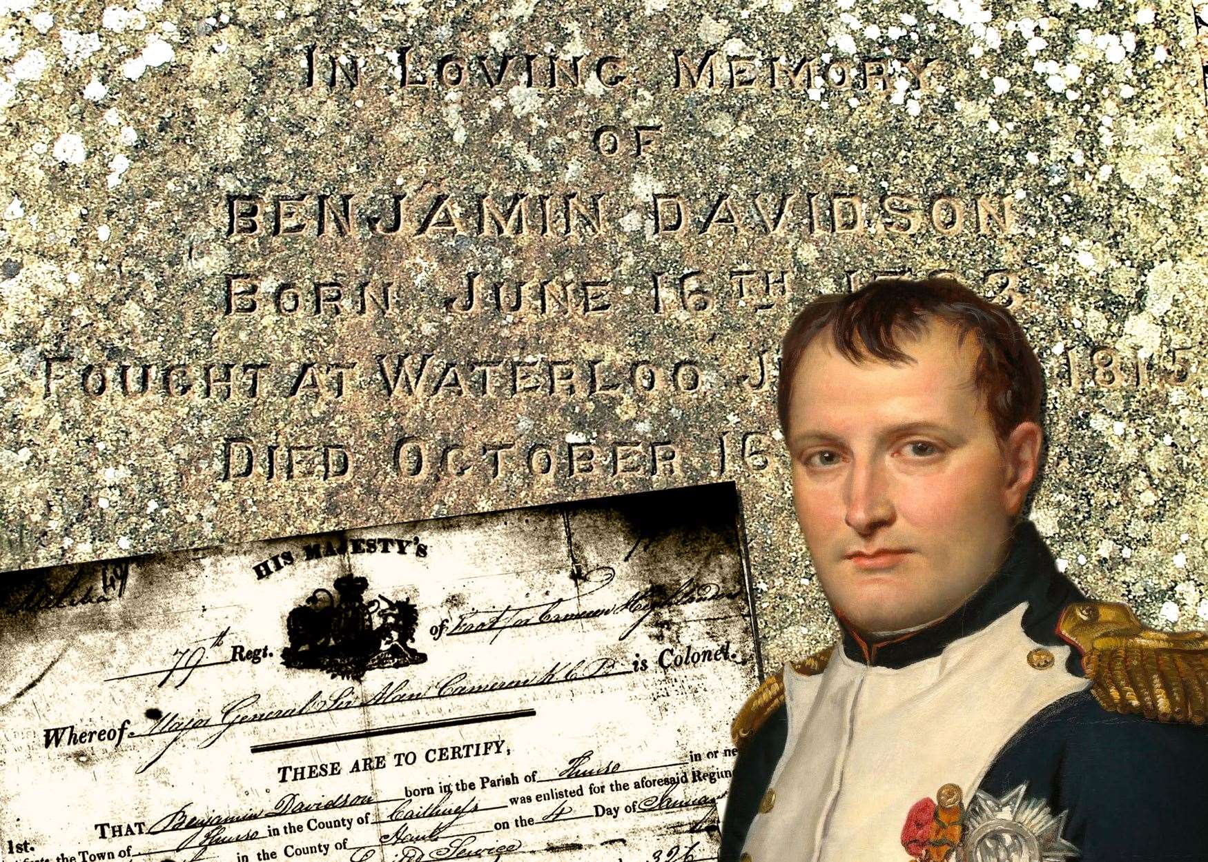 Davidson’s gravestone marking his final resting place, his service records and Napoleon Bonaparte.