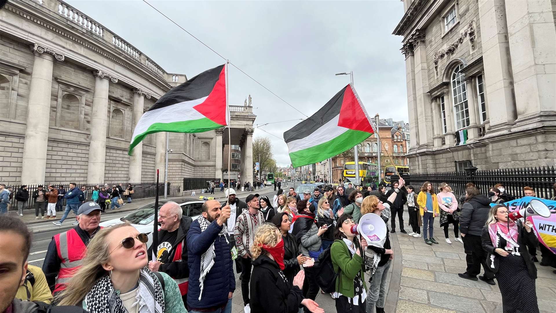 Protesters gathered outside Trinity College in Dublin on Saturday (Niall Carson/PA)