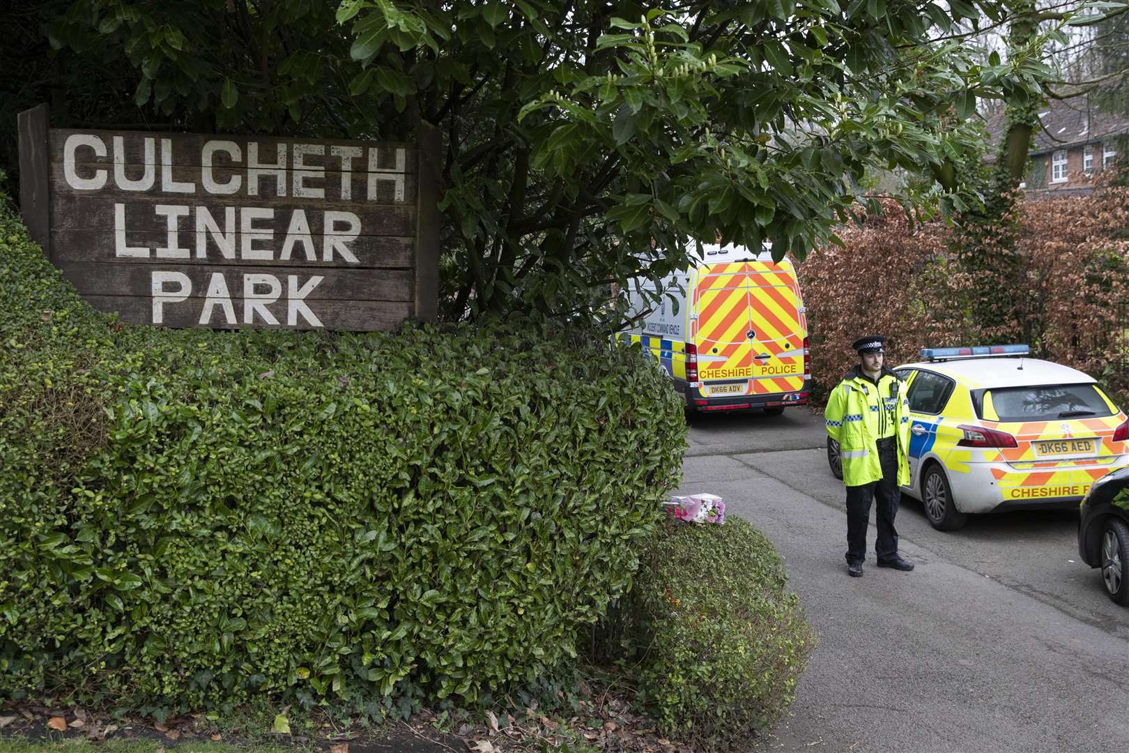 Police at the scene in Culcheth Linear Park in Warrington, Cheshire, following the death of Brianna Ghey (Jason Roberts/PA)