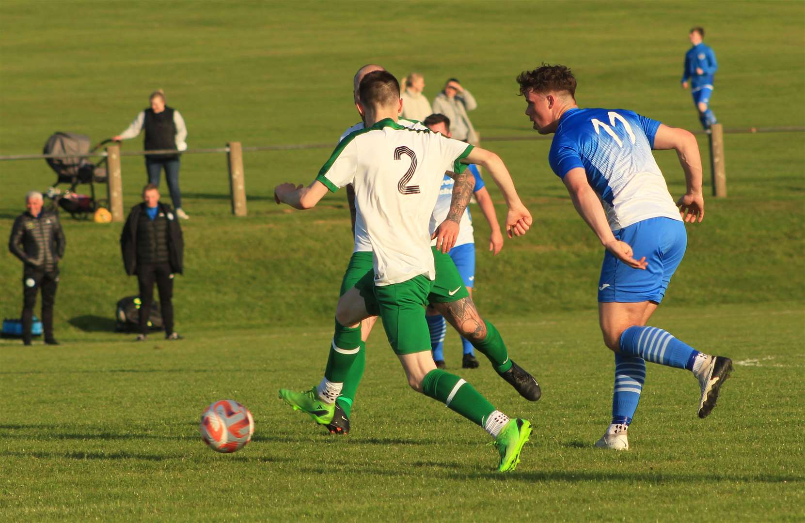 Trialist Robbie Murray (right) in action for Wick Thistle in their goalless draw with Castletown at the Upper Bignold on Monday night.