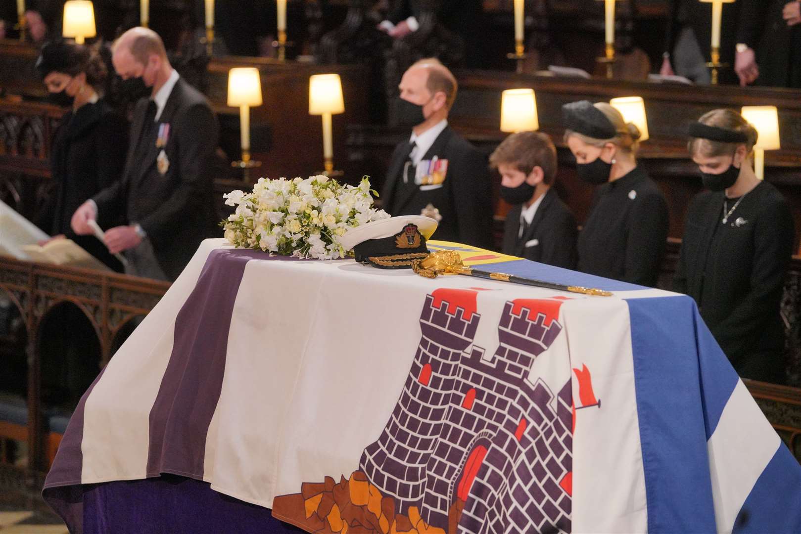 Mourners, including, front row, from left, the Duchess of Cambridge, the Duke of Cambridge, the Earl of Wessex, Viscount Severn, Lady Louise Mountbatten-Windsor, and the Countess of Wessex (Dominic Lipinski/PA)