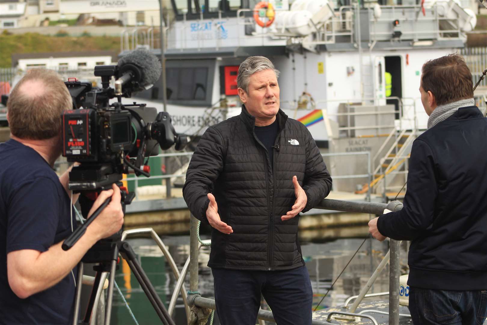Sir Keir Starmer being interviewed by the BBC's James Cook outside the Beatrice offshore wind farm operations and maintenance base at Wick harbour. Picture: Alan Hendry