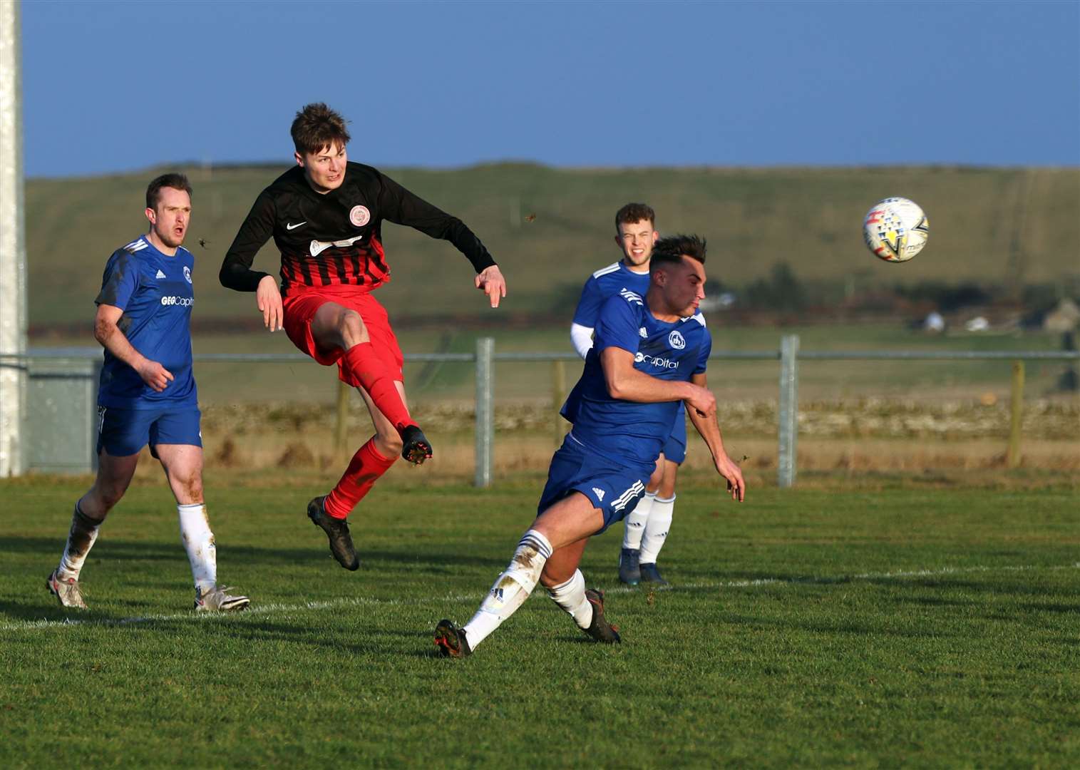 James Mackintosh sends a volley towards goal during the Anglers' 4-2 victory in the league match against Invergordon at Morrison Park last month. Picture: James Gunn