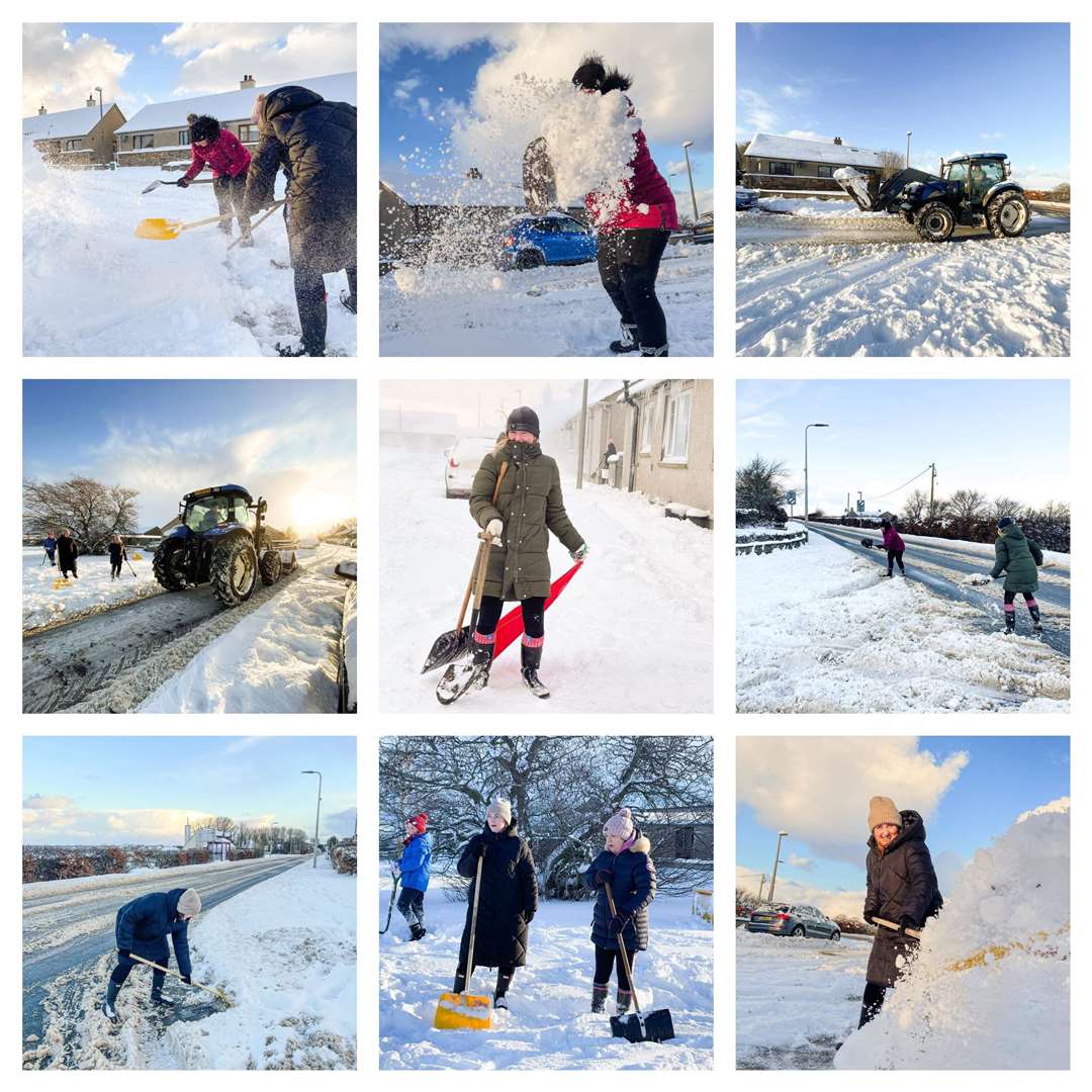 Collage of pictures from Watten Helps Out group showing the effort put in by volunteers to clear the village from snow yesterday.