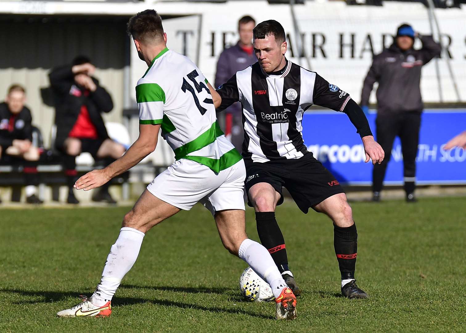 Wick Academy's Gordon MacNab takes on Sam Pugh of Buckie Thistle at Harmsworth Park in March this year. Picture: Mel Roger