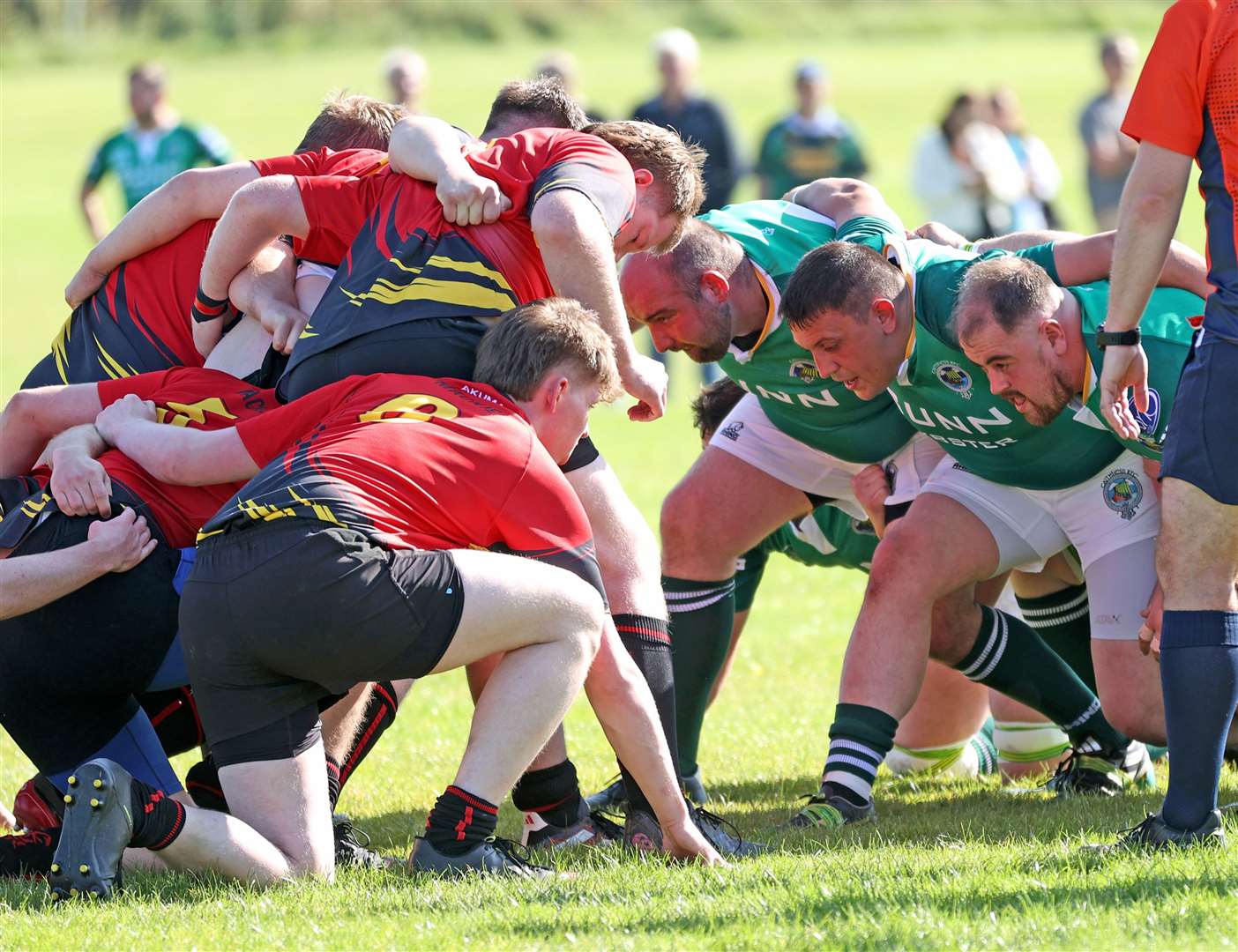 Duncan MacMillan (second from right), in action here against Mackie, got one of the Greens' tries against Ross Sutherland. Picture: James Gunn