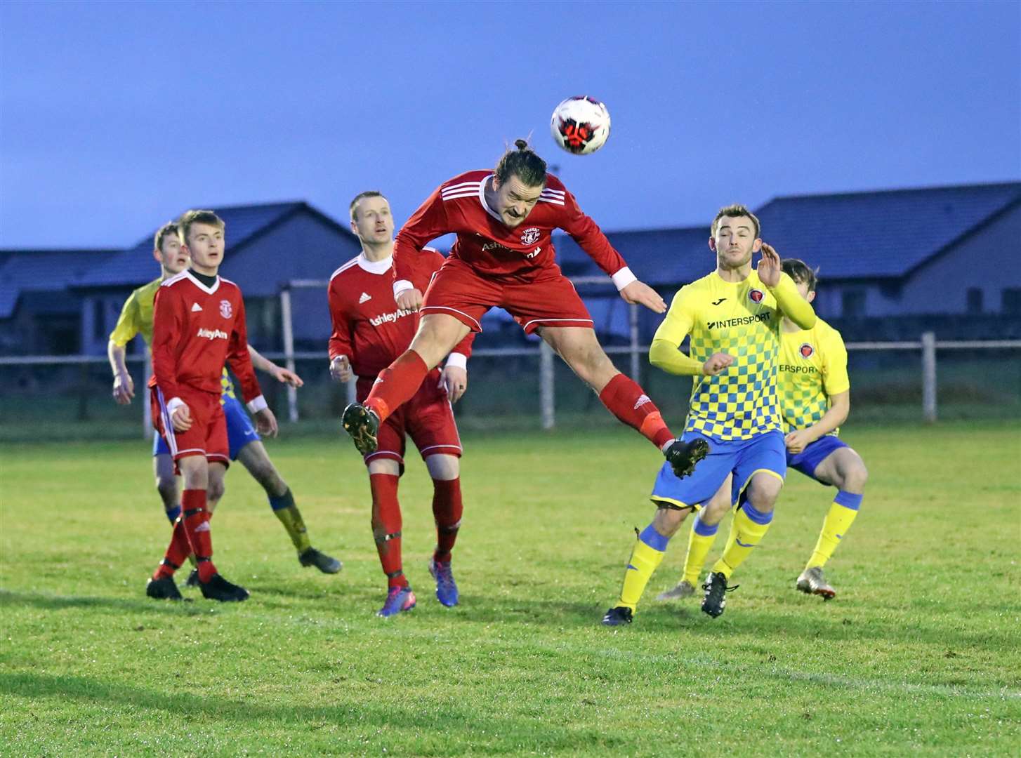 Thurso's James McLean heads clear from a corner during the Vikings' 1-0 win against Orkney in Halkirk. Picture: James Gunn