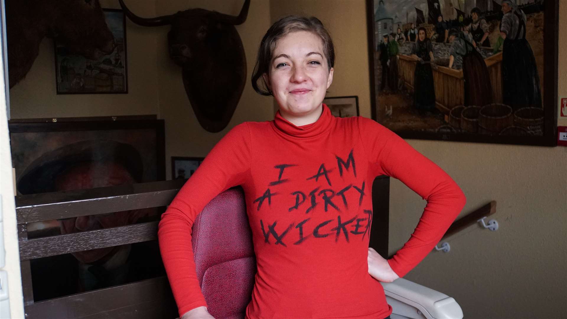 Anna wears her 'Dirty Wicker' shirt with pride. Picture: DGS
