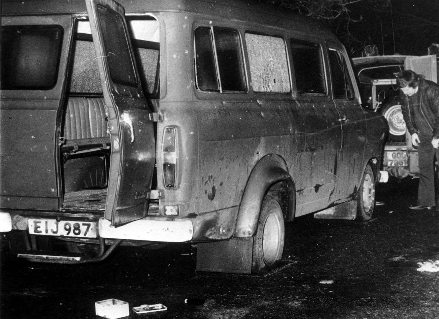 The bullet riddled minibus near Whitecross in South Armagh where 10 Protestant workmen were shot dead by IRA terrorists (PA)