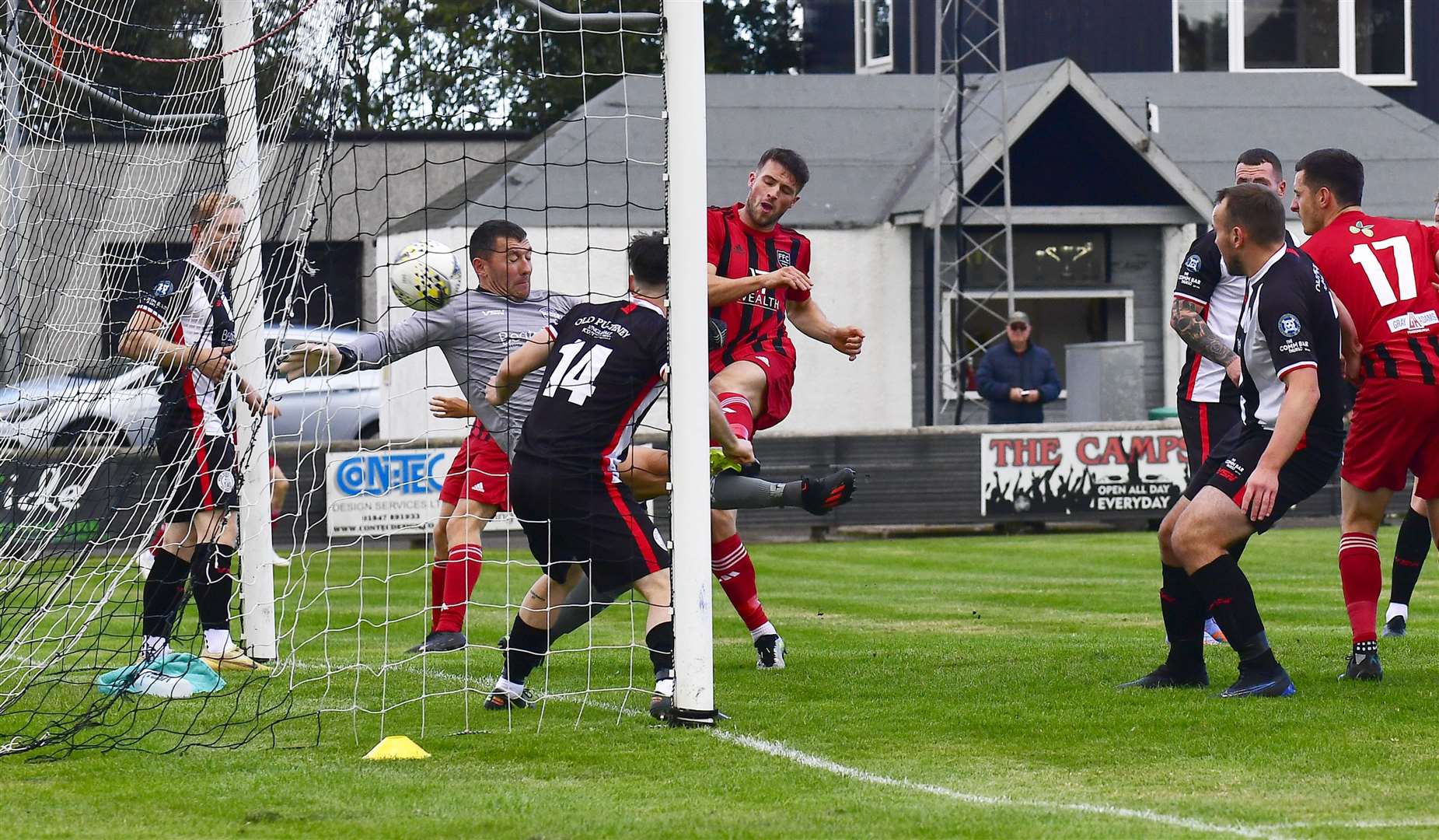 Ryan Sargent lashes in the opening goal at Harmsworth Park in September when Fraserburgh beat Wick Academy 3-0. Picture: Mel Roger
