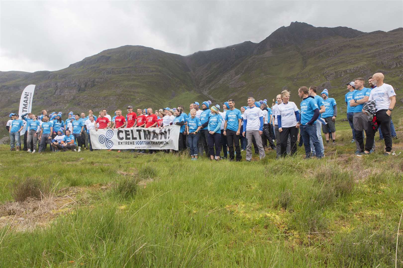 Finishers at this years 10th anniversary Celtman Extreme Scottish Triathlon pose for a group photograph at Torridon, on Sunday morning, following the presentation of tee-shirts. Lorna Stanger received a red tee-shirt, along with four men, for having finished the event on five occasions. Picture: Robert MacDonald/Northern Studios