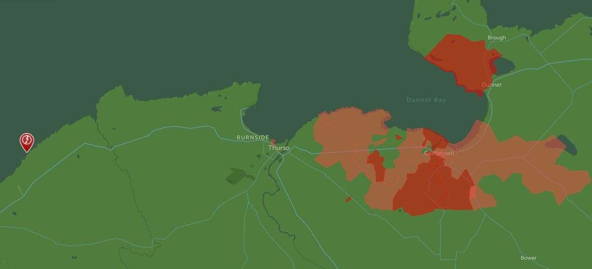 Some of the areas affected by the power cut (shaded in red). Picture: SSEN Powertrack.