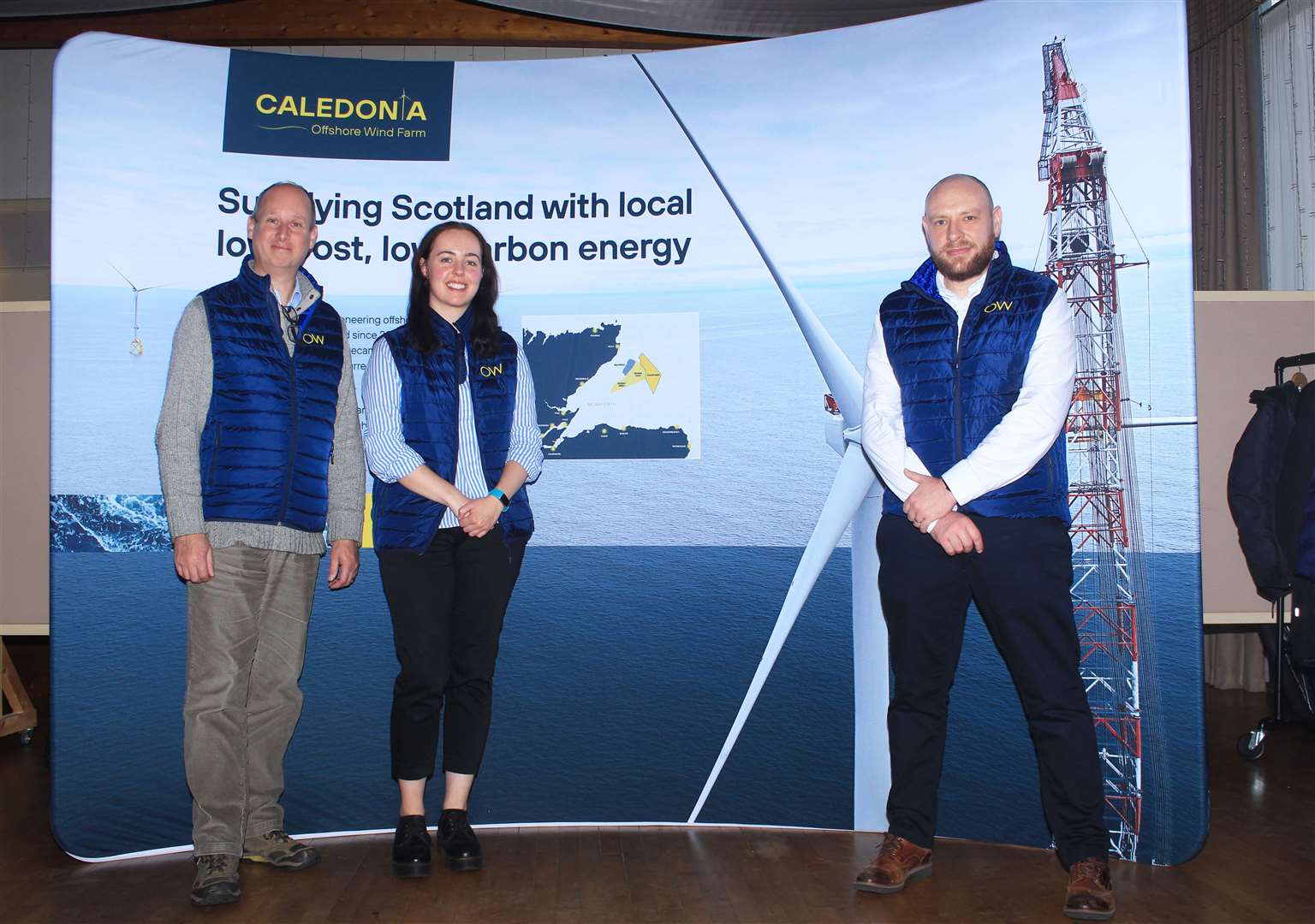 Ian Adams, Jennifer Stavert and Andrew Hamilton from the Caledonia Offshore Wind Farm team at last month's public consultation event in Wick. Picture: Alan Hendry