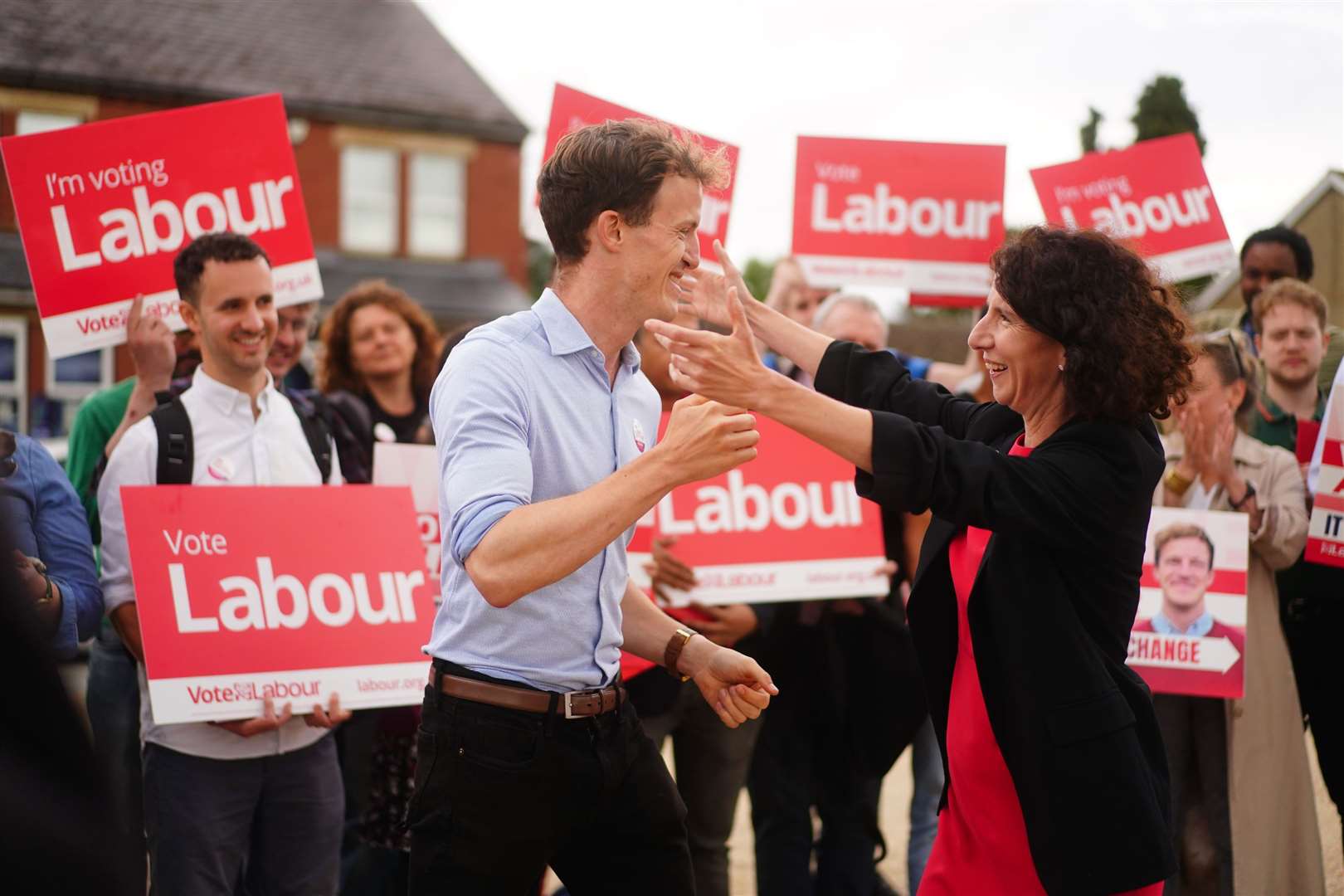 Labour Party chairwoman Anneliese Dodds campaigns with Labour’s Mid Bedfordshire by-election candidate Alistair Strathern (Victoria Jones/PA)