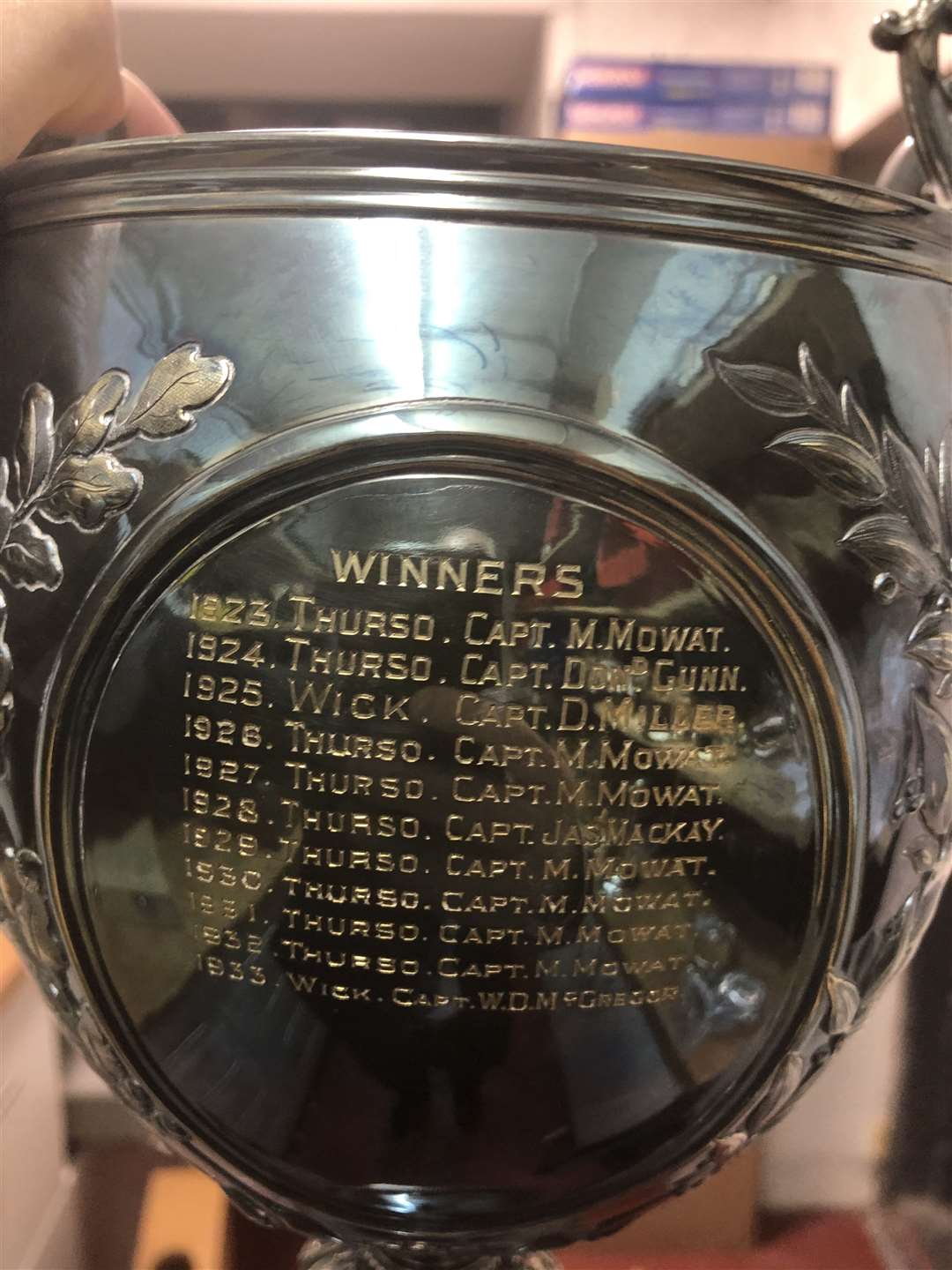 The list of names engraved on the trophy shows that Captain M Mowat was a regular winner from 1923 onwards.