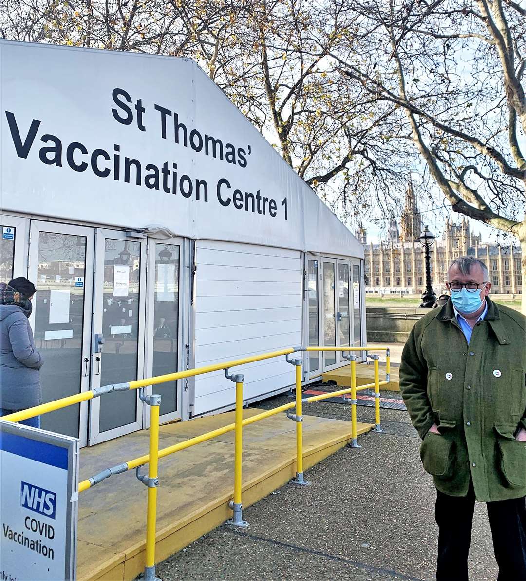 Jamie Stone outside the vaccination centre in London.