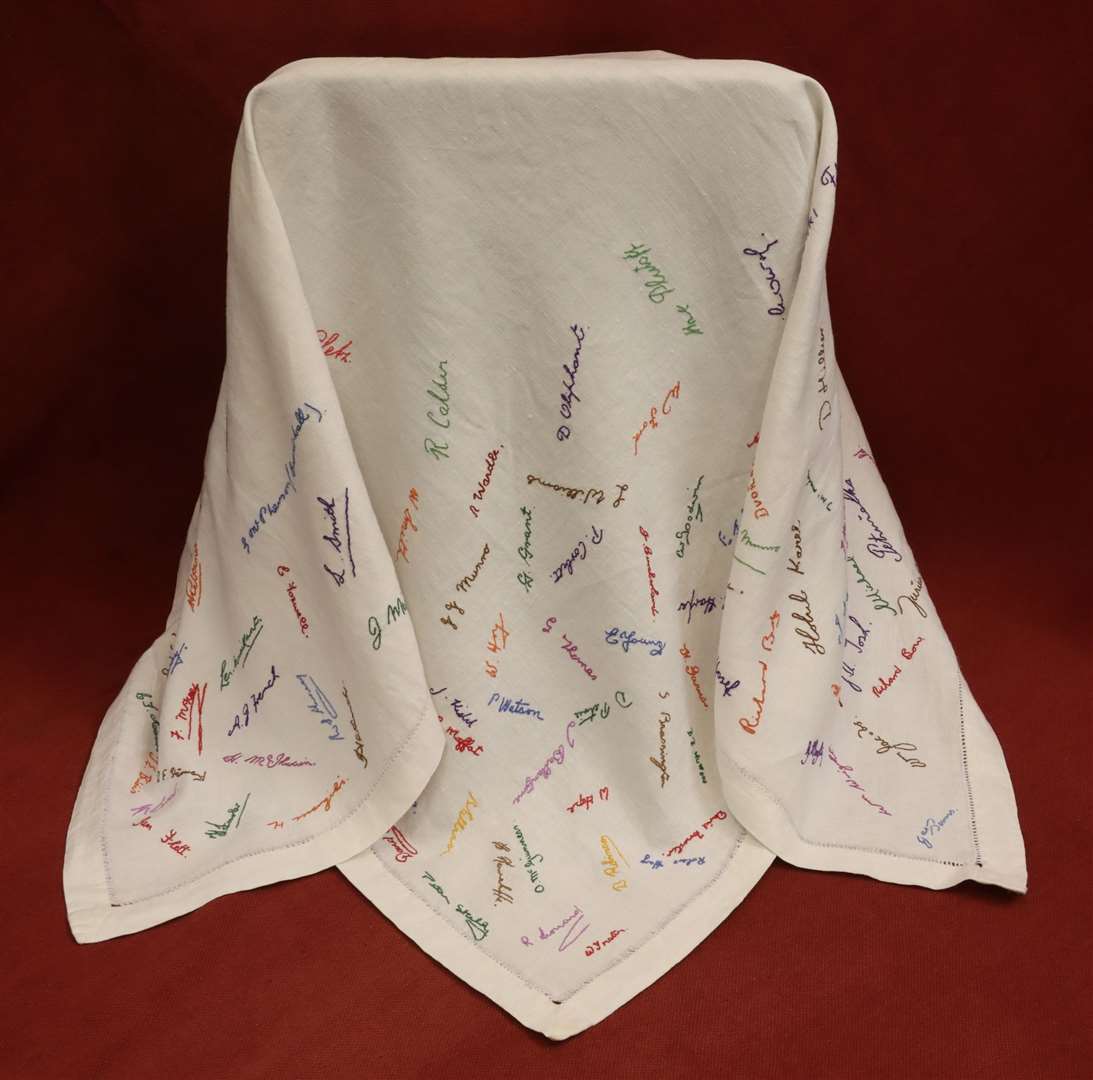 The Custer tablecloth made by Isobel Custer features the signatures of 125 airmen. Picture: Neil Buchan / Castletown Heritage Society